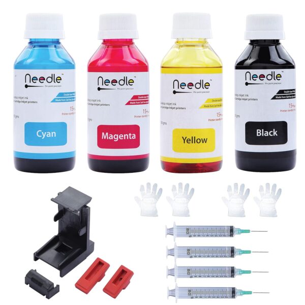 Needle 4x100gms (CMYK combo) Cartridge Inkjet Ink Refill Toolkit with Suction Tool